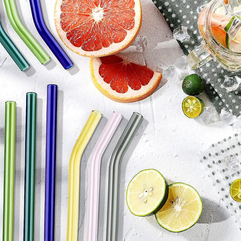 8 Pcs Reusable Glass Straws, 8"x8mm Eco-friendly Drinking Straws for Smoothies, Milkshakes, Tea, Juice, Cocktails - Multi-Color Mixed (8Pcs Bent)...