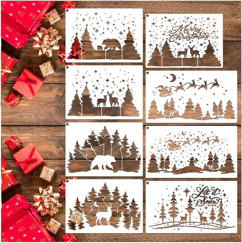 8Pcs Large Christmas Scene Stencils, Christmas Tree Deer Bear Stencils Templates Holiday Snowflake Winter Stencils for Painting on Wood Sign Wall ...