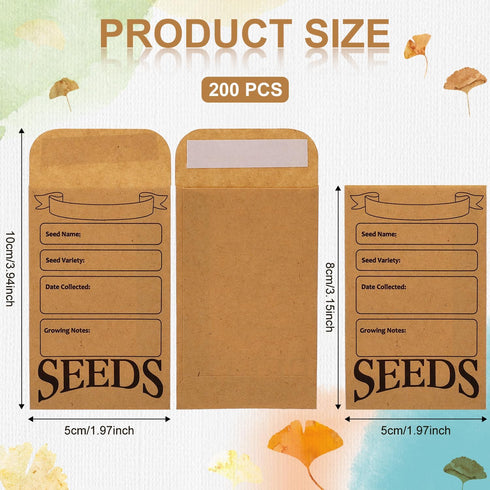 200pcs Seed Envelopes, Reusable Self Sealing Seed Storage Paper Bag Printed with Types Name Template Small Seed Packets for Seeds Saving & Collect...