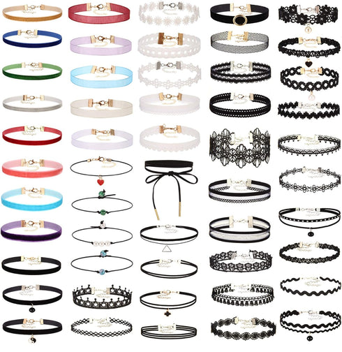 K&Q 52 PCS Choker Necklace, Classic Muti-Color Gothic Collar Choker Necklace Black White Cute Lace Velvet Choker Necklace Set for Girls and Women...