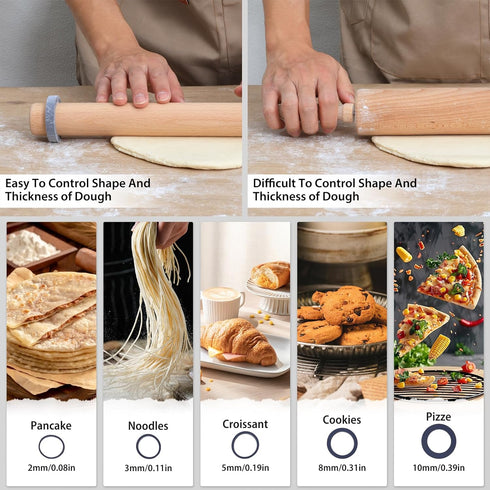 Adjustable Wood Rolling Pin with Thickness Rings for Baking -Non Stick Wooden Dough Roller Pin with Spacer Bands for Cookie,Pie Crust, Pastry Fond...