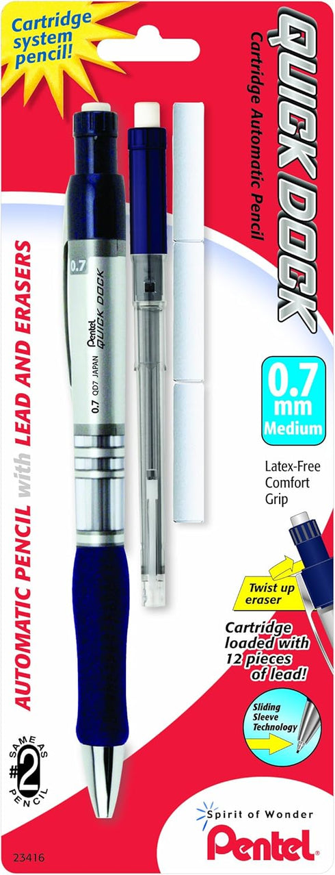 Pentel Quick Dock Automatic Pencil with Refill Cassette and 3 Erasers, 0.7mm, 1 Pack (QD7ELE3BP)...