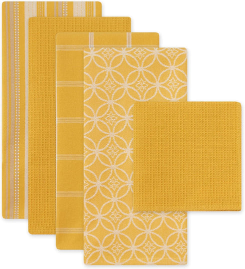 DII Assorted Woven Kitchen Set, Dishtowel, 18x28, Dishcloth, 13x13, Mustard, 5 Piece...
