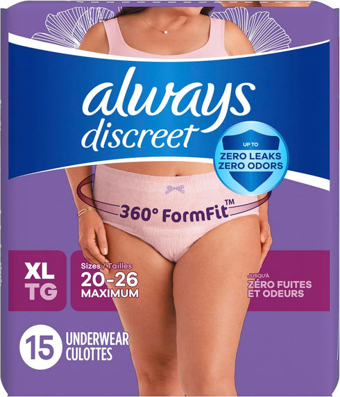 Always Discreet Adult Incontinence Underwear for Women and Postpartum Underwear, Extra Large, Up to 100% Bladder Leak Protection, 15 Count...