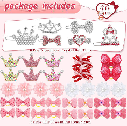 40 Pcs Dog Hair Clips and Dog Hair Bow Crown Dog Accessories Princess Style for Small Dog Crystal Rhinestone Puppies Barrette Rubber Band Flower B...
