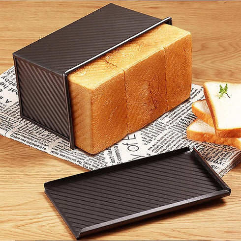 Loaf Pan Pullman Bread Pan with Lid, 1 lb Dough Capacity Non-Stick Toast Box Mold, Rectangular Loaf Baking Pan Carbon Steel Corrugated Bakeware wi...