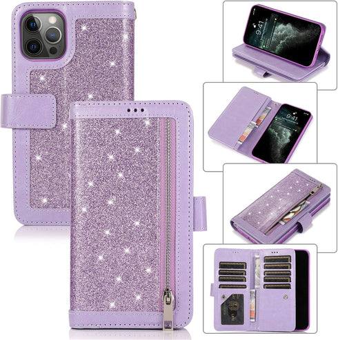 EYZUTAK Wallet Case Compatible with iPhone 12 Mini 5.4 inch 2020,Magnetic Handbag Zipper Pocket PU Leather Flip with 9 Card Slots and Wrist Strap ...