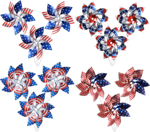 12 Pieces 7 Inch Reflective Pinwheels Patriotic Pinwheel American Flag Pattern Pinwheel for Celebrating Independence Day, Patriotic Decorations fo...