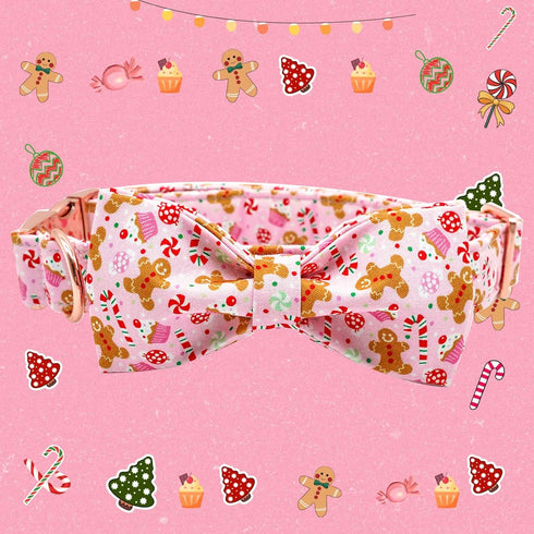Elegant little tail Dog Collar with Bow - Christmas Gingerbread Man Dog Collar Bow Boy Girl Dog Bowtie Pet Gift Adjustable Dog Collar for X-Large ...