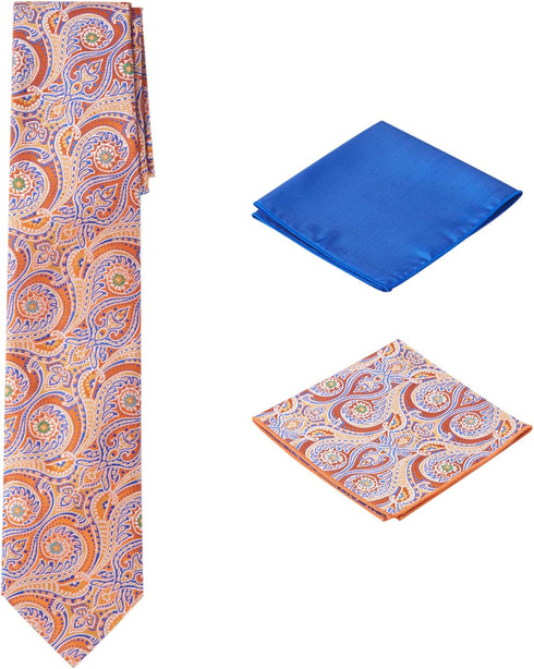 Men's Woven Paisley Regular Length Neck Tie with 2 Handkerchief Pocket Squares Hanky Set - Orange Blue...