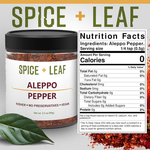 Premium Aleppo Pepper by SPICE + LEAF - Vegan Kosher Preservative Free Red Middle Eastern Mild Pepper Flakes, 3.5 oz...