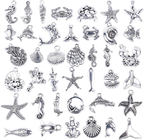 BronaGrand 40 Pieces Mixed Antique Silver DIY Ocean Fish & Sea Creatures Charms Pendants for Making Bracelet and Necklace...
