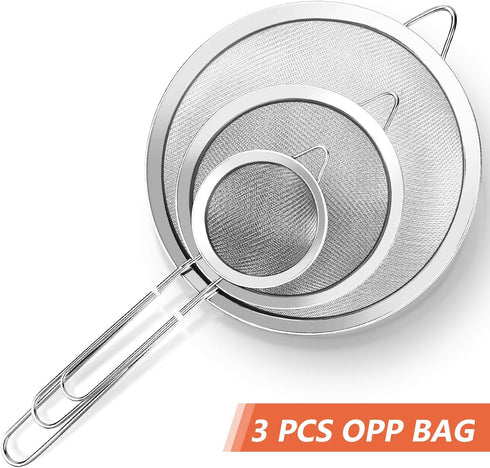 3Pcs Super Wire Extra Fine Mesh Strainer with Handle, Small Medium Large Size Sifter Metal Strainer Set, Stainless Steel Sieve Fine Mesh Strainers...