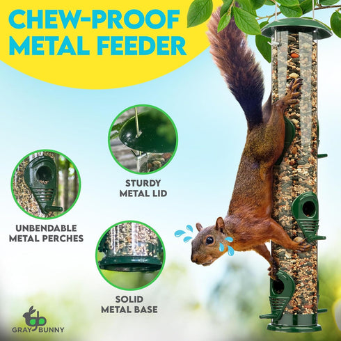 Gray Bunny Metal Bird Feeders for Outdoors Hanging, 6-Port Metal Bird Feeder Tube, Durable, Chew-Proof and Rust-Proof, 16 Inches...