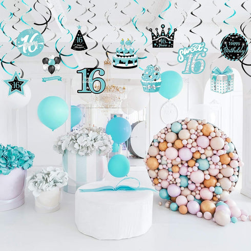 Sumind 30 Pcs Birthday Hanging Swirl Decorations, Teal Silver Black Blue Turquoise Happy Birthday Foil Swirls Ceiling Decor for Girls Sweet Decora...