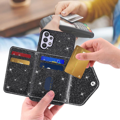 Asuwish Phone Case for Samsung Galaxy A32 5G 2021 6.5 inch Wallet Cover with Tempered Glass Screen Protector and Crossbody Strap Bling Glitter Car...