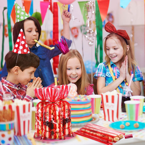 Blulu 100 Pcs Halloween Plastic Carnival Circus Party Treat Bags Red and White Stripe Printed Clear Cellophane Carnival Cooke Candy Goody Treat Ba...