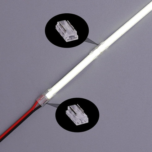 2 Pin 5mm COB LED Strip Connectors Transparent Solderless, 8 Pcs Strip to Strip, 22 Pcs Strip to Wire, 11 Pcs 22AWG 15cm/5.9in Long Extension Wire...