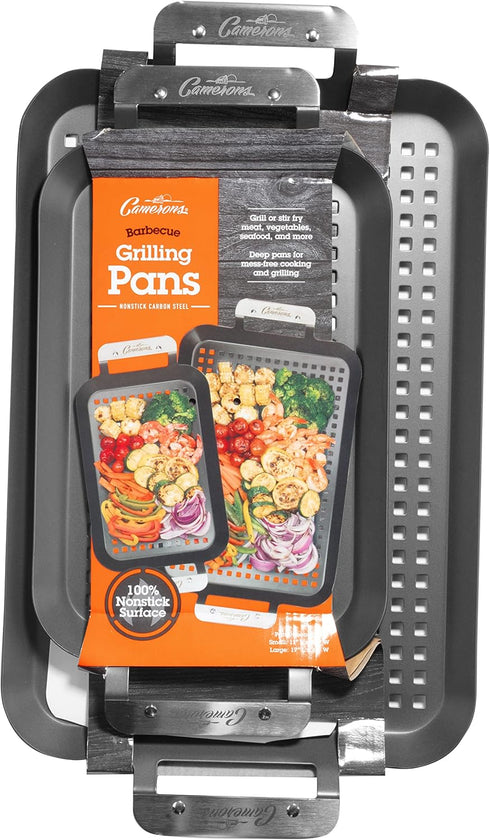 Camerons BBQ Grill Topper Grilling Pans (Set of 2)- Non-Stick Barbecue Trays w Stainless Steel Handles - Indoor Outdoor use for Barbecue & Smoked ...