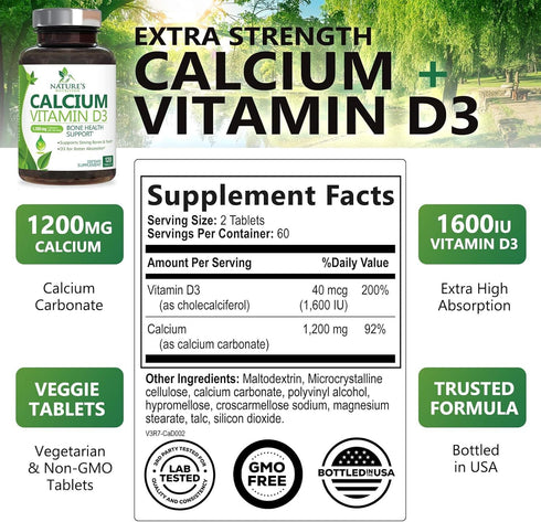 Calcium Supplement with Vitamin D - 1200 mg Calcium Carbonate with 1600 IU of D3 Vitamins - Supports Bone Strength, Teeth & Immune System - Natura...