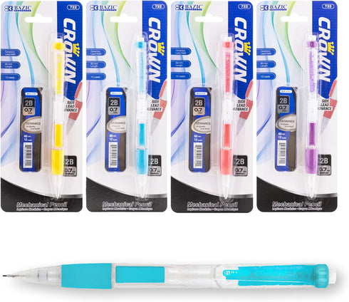 BAZIC Crown 0.7mm Mechanical Pencil w/Ceramic Lead Refills, Colorful Comfort Grip Latex Free Eraser Pencils for Writing School Office, 4-Packs...