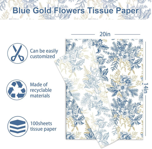 JarThenaAMCS 100 Sheet Floral Tissue Paper Blue Gold Flower Berry Wrapping Paper Vintage Art Tissue for Wedding Birthday Baby Bridal Shower DIY Cr...