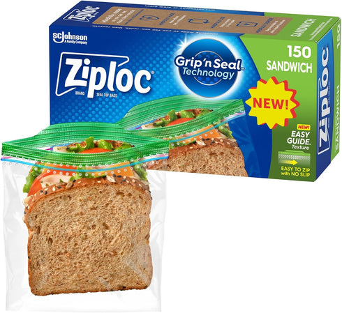 Ziploc Sandwich and Snack Bags, Storage Bags for On the Go Freshness, Grip n Seal Technology for Easier Grip, Open, and Close, 150 Count...