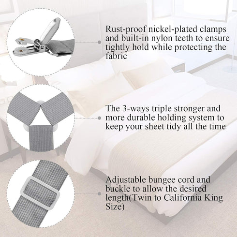 ACEDÉCOR Sheet Straps, Fitted Sheet Clips Under Mattress Keeping Sheets in Place, Bed Sheet Holders Straps for Twin, Full, Queen, King(Light Grey)...