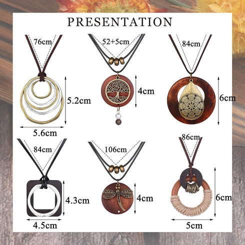SAILIMUE 6Pcs Long Pendant Necklaces for Women Boho Vintage Wood Fall Sweater Necklaces Set Statement Feather Dragonfly Peace Sign Y Necklace Hipp...