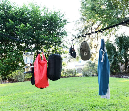 Campsite Storage Strap with 19 Separated Loops for Hanging Camping Equipment, Gear and Supplies | Includes Carabiner Hooks and Clothes Pins | Dura...