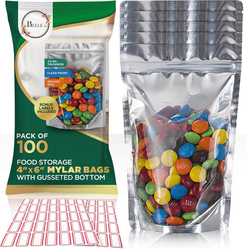 BELLE KR® 4x6 Mylar Bags for Freeze Dried Candy - Pack Of 100-7.5mil Thick - 1/2 Pint Stand Up Small Clear Mylar Bags with See Through Window for ...