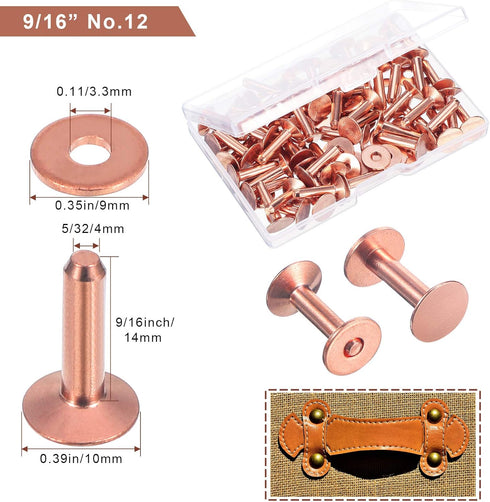 50 Sets Copper Rivets and Burrs, Copper Rivets for Leather Pure Copper Rivet Setting Tool for Belts Wallets Collars Leather DIY Craft Supplies (9/...