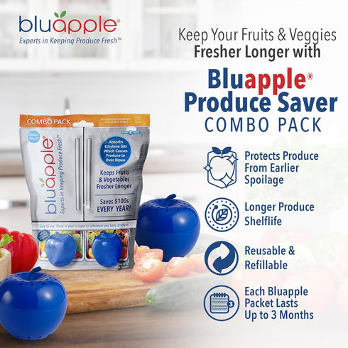 Bluapple Ethylene Gas Absorber Produce Saver Combo Pack - Keeps Fruits & Veggies Fresh in Refrigerator, Lasts up to 3 Months, 8 Packets and 2 Blua...