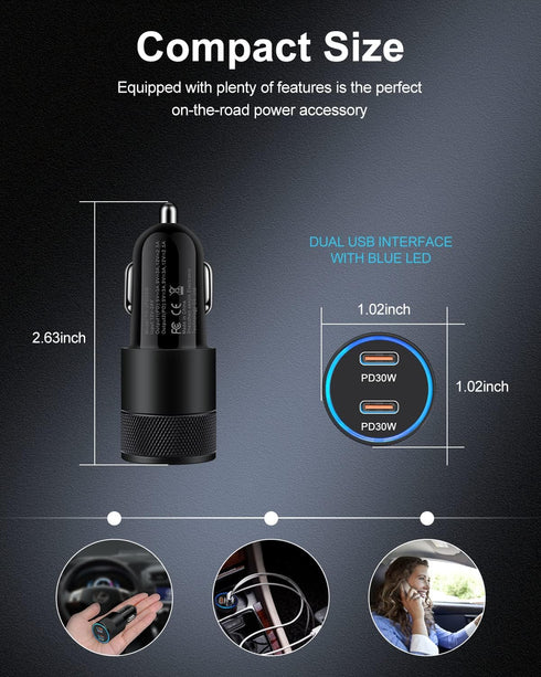 USB C Car Charger, 60W Cigarette Lighter Flush Adapter, Type C Fast Charging Car Plug Block for iPhone 15 14 13 Pro Max, Galaxy S24 S23 Ultra, Pix...