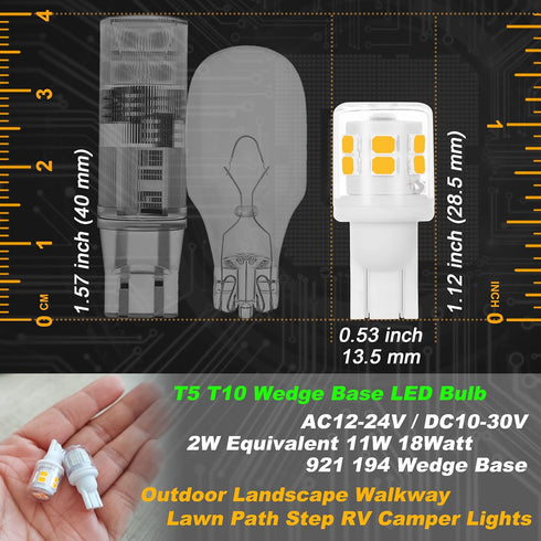 Low Voltage T5 T10 LED Bulbs 2 Watt Equivalent 11W 18W Warm White 2700K 300 Lumen AC/DC 12-24V 921 194 Wedge Base LED Bulb for Outdoor Landscape W...