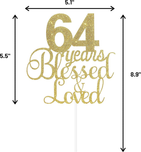 ALPHA K 64th Birthday/Anniversary Cake Topper – 64 Years Blessed & Loved Cake Topper with Gold Glitter...