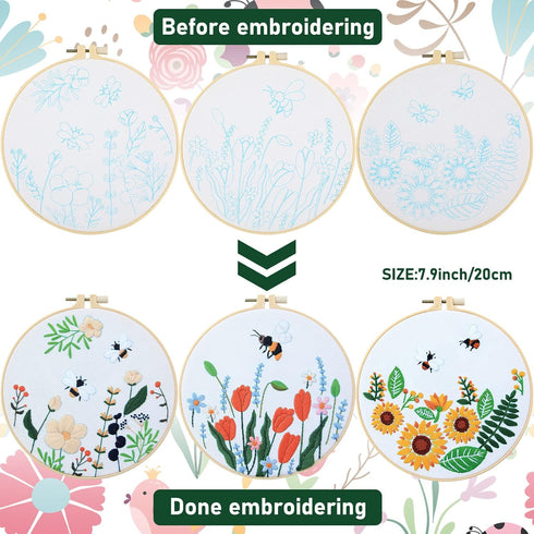 Yinder Embroidery Starter Kit for Beginners 5 Set Cross Stitch Kits for Adults with Floral and Bee Pattern Include 2 Embroidery Hoops, 5 Embroider...