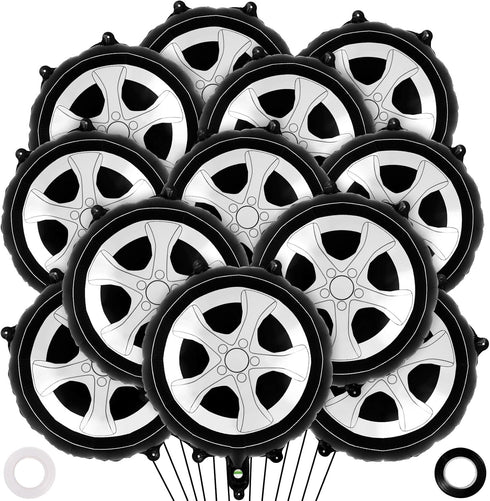 12 Pcs Wheel Tire Balloons,18 Inch Race Car Wheel Balloons Race Car Party Decorations Car Foil Balloons for Birthday Party Race Car Theme Party Su...