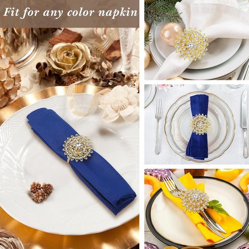Geiserailie 6 Pcs Gold Flower Napkin Rings Alloy Floral Crystal Rhinestone Bling Holiday Shiny Napkins Ring Holders for Wedding Bridal Thanksgivin...