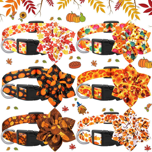6 Pcs Fall Dog Collars for Dogs Adjustable Thanksgiving Dog Collar with Flower Pumpkin Floral Girl Dog Collar Turkey Maple Leaf Collars Dogs Acces...