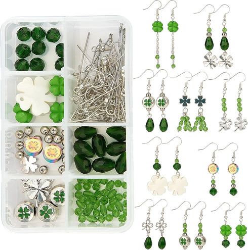 SUNNYCLUE 1 Box DIY 10 Pairs St Patrick's Day Earring Making Kit Green Theme Earrings Four-Leaf C Shamrock Peandant Charms Crystal Beads for Earri...