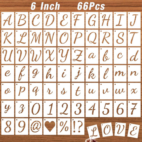 6 Inch Letter Stencils Kits, 66 Pcs Calligraphy Alphabet Stencils and Number Stencils for Painting on Wood, Cursive Lettering Stencil Upper and Lo...