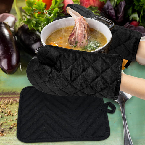 R HORSE 4Pcs Oven Mitts Pot Holders Set for Kitchen, Cotton Lining Heat Resistant Oven Gloves Black Kitchen Mittens Hot Pads Pot Holder with Pocke...