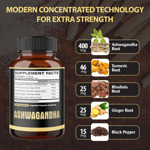 5in1 Premium Ashwagandha Capsules - Added Turmeric, Rhodiola Rosea, Ginger, Black Pepper - Strength, Spirit & Immune Support - 180 Caps for 6 Mont...