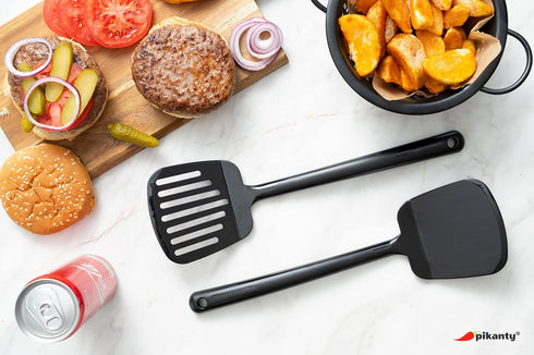 Spatula Turner Set of 2 for Cooking. Great for nonstick cookware. Ideal for Flipping Egg, Pancake and more. Made in USA (Black)...