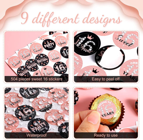 Zonon 504 Pieces Sweet 16 Birthday Party Favors Stickers Mini Kisses Candy Stickers Sweet Sixteen Round Chocolate Candy Wrappers for 16th Birthday...