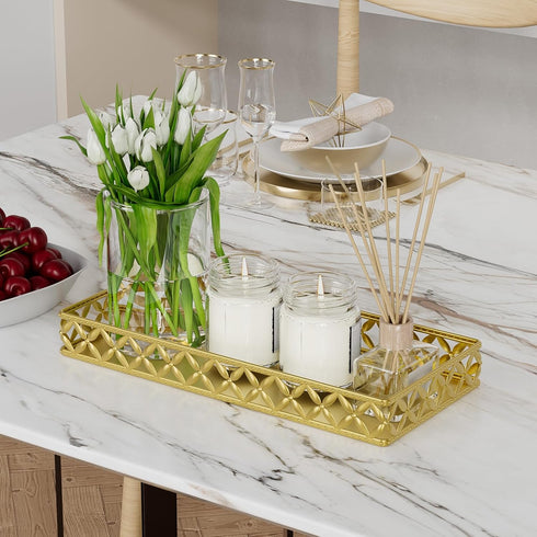 Bathroom Vanity Tray for Counter Organizer - 11 Inch Small Decorative Tray Gold Rectangle Countertop Tray for Perfume Makeup Cosmetic Jewelry...