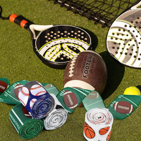4 Rolls 20 Yards Sports Themed Wired Edge Ribbon, 2.5" Football Baseball Basketball Soccer Printed Burlap Ribbon for Birthday Sports Camp Party De...