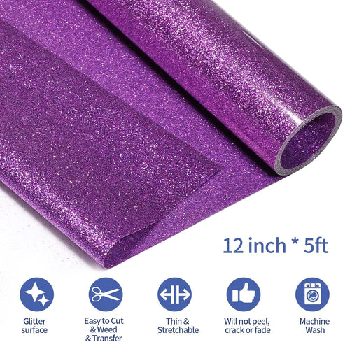 VINYL FROG Glitter HTV Vinyl Heat Transfer Vinyl Roll 12" x 5ft Purple Iron on Vinyl Glitter Heat Press Vinyl for T-Shirts Works with All Cutter M...