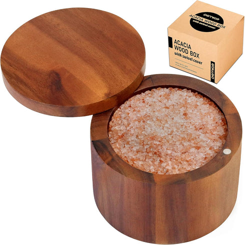 Acacia Salt Cellar 9 Ounces Capacity, Wood Salt & Spice Box With Swivel Cover, Salt Keeper, Wood Jar For Kitchen, Perfect For Keeping Table Salt, ...